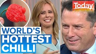 Absolute chaos as hosts eat world’s hottest chilli  Today Show Australia [upl. by Wylie296]